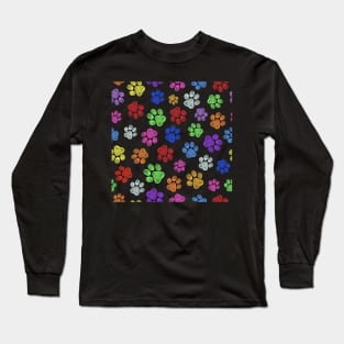 Doodle colorful paw print black background Long Sleeve T-Shirt